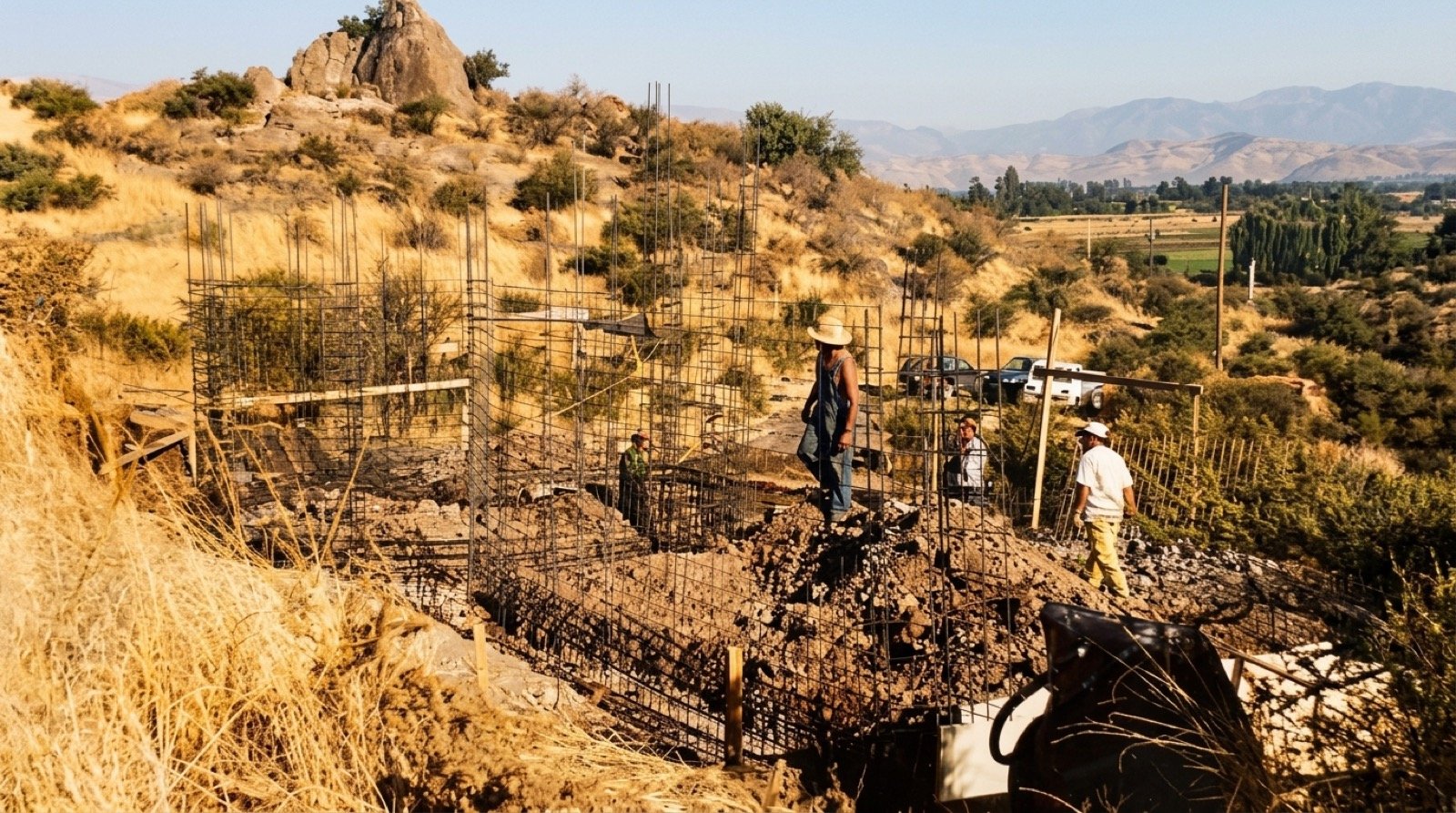 Trabajadores construyendo fundaciones en un terreno del cerro de Colina