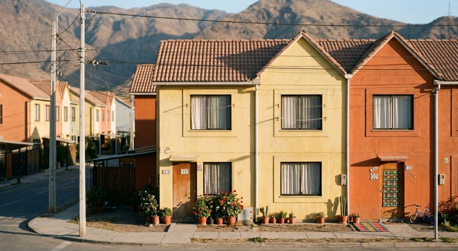 Viviendas sociales chilenas con el cerro de Colina de fondo